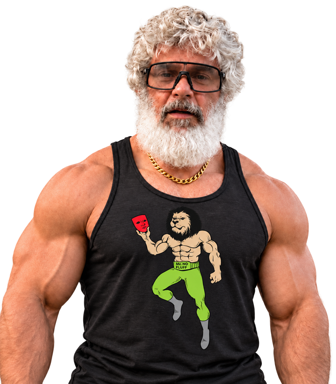 Mr No FluFF in the approved black shirt with his original lion logo