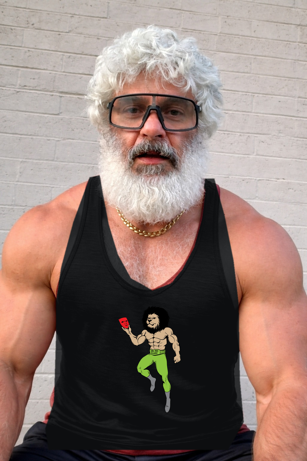 Mr No FluFF, using his original portrait, with a black tank top and his original lion logo